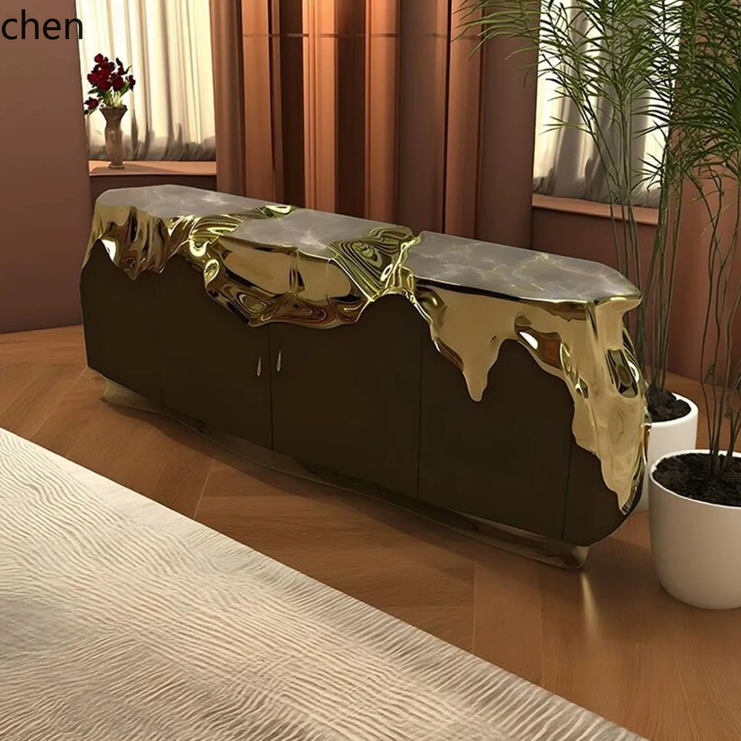 CZ Italian Style Brass Sideboard Cabinet Home Solid Wood Storage Cabinet Villa Living Room Fashion Storage Cabinet