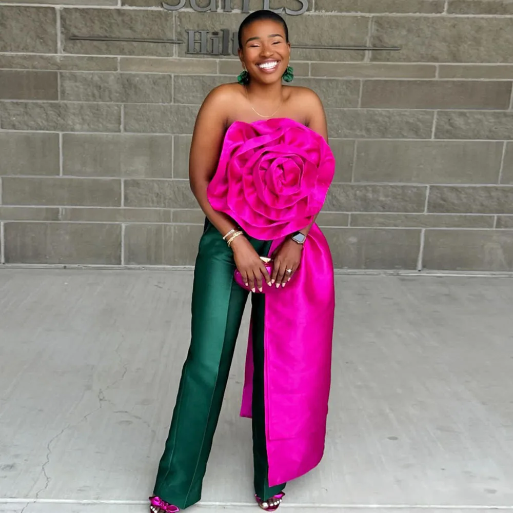 

SERENDIPIDTY Strapless Hot Pink Flowers Ruffled Top Custom Made Open Back Women Blouses Ever Pretty Gown Plus Size Tops