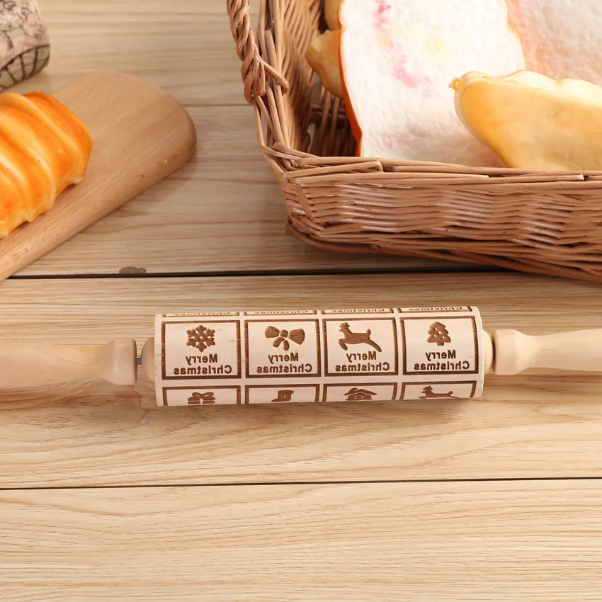 Christmas Embossed Rolling Pin 13.7in Wooden Pastry Baking Tools Santa Claus Elk Boots Deep Engraving Cookies Stamp Tool 1pcs