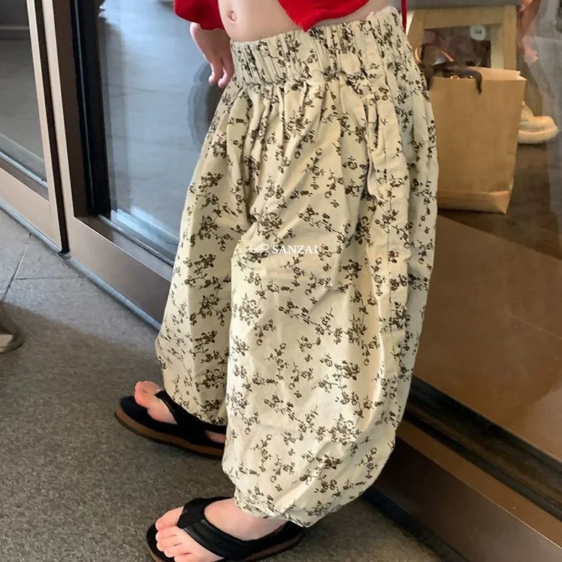 

Летние повседневные брюки для девочек, детские индивидуальные модные брендовые тонкие свободные шаровары в Корейском стиле с цветочным принтом