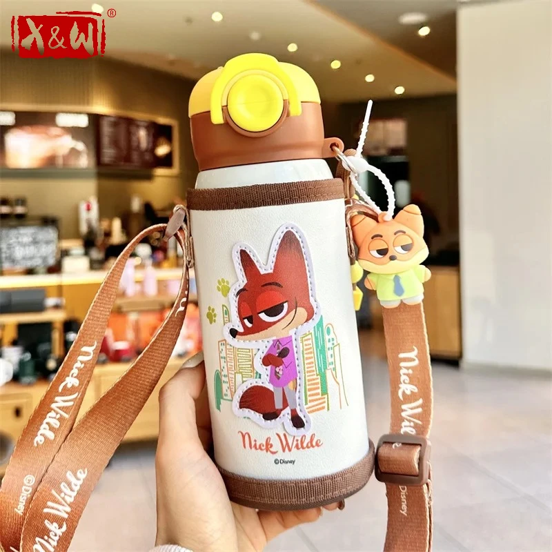 X&W Zootopia 500ml Children Thermos Cup 316 Stainless Steel Ice Tumbler Cartoon Judy Nick Dual-drinking Straw Cup Birthday Gift