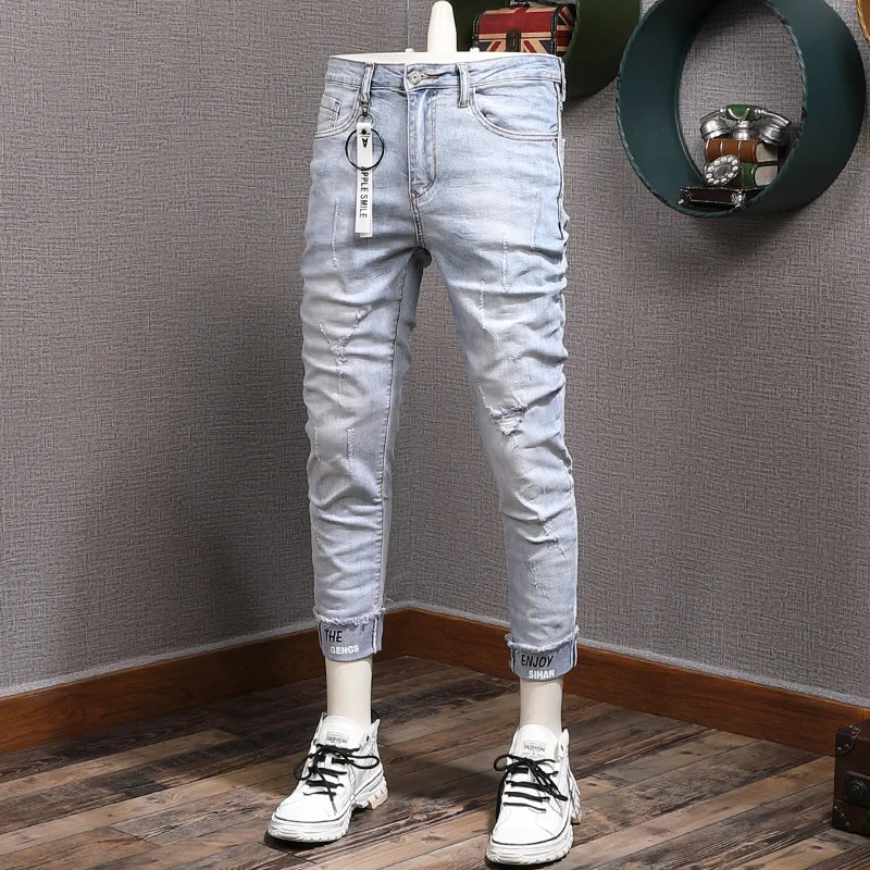 

Весна и осень, голубые, летние, тонкие джинсы с пирсингом Nine Cent, мужские облегающие брюки, эластичные, модные брюки на небольшую ногу