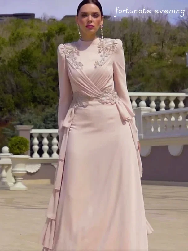 

Fortunate Evening Elegant Vintage Embroidered Lace Ruffle Long Sleeves Formal Occasion Prom Dresses Party Evening Gowns