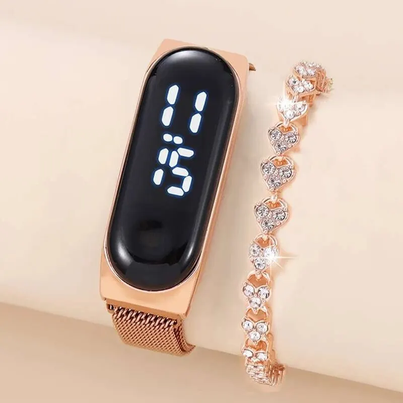 2PCS Set Women Diamond Bracelet Set LED Watch Magnetic Waterproof Touch Feminine Clock Fashion Digital Watches Reloj Mujer