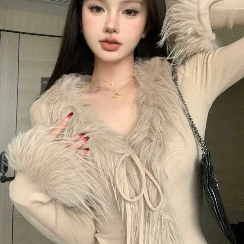 Korean Hot Girl Furry V-neck Long Sleeve Irregular Slim Short Sweater Cardigan