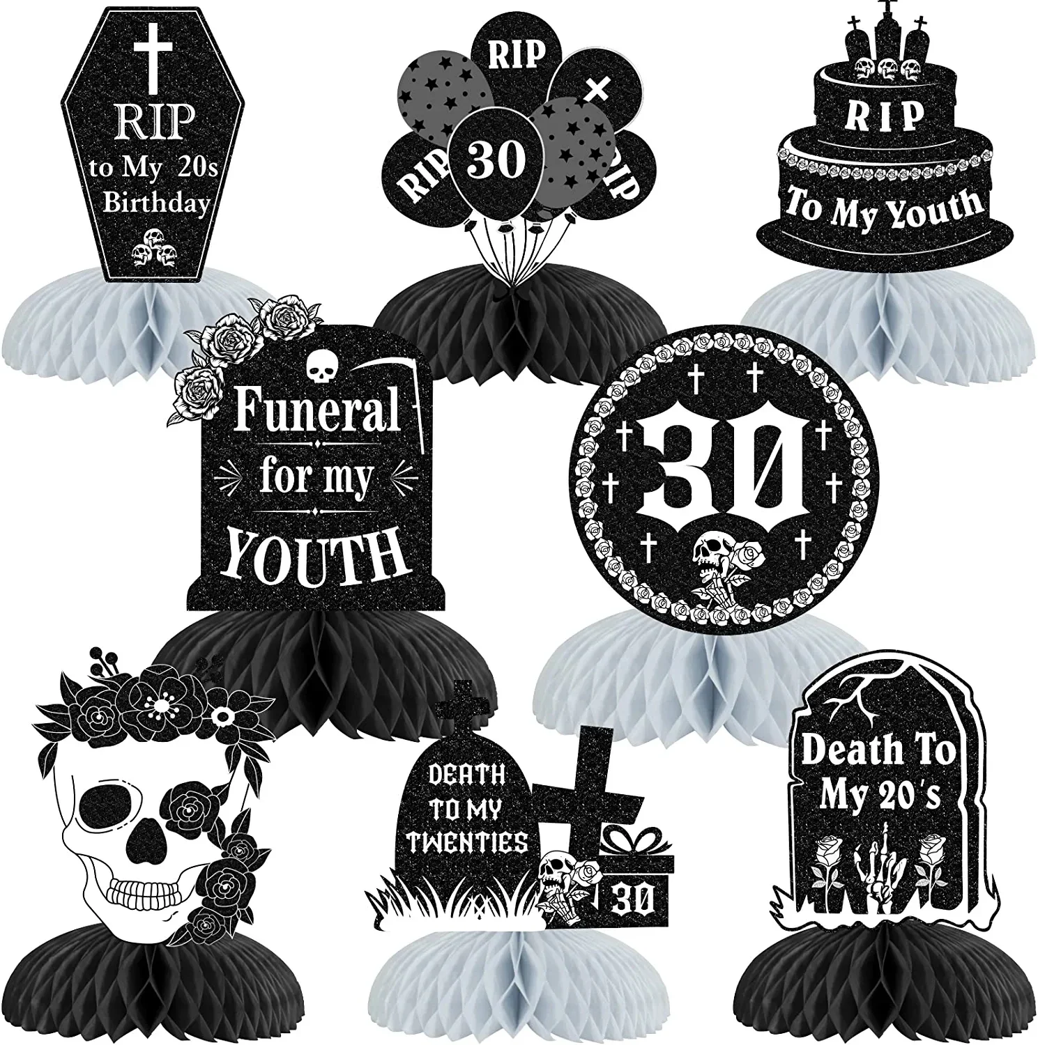 30th Birthday Honeycomb Centerpieces Table Decorations Rip To My 20s Black 3D Death of My Youth 30 Funeral Gothic Party Supplies