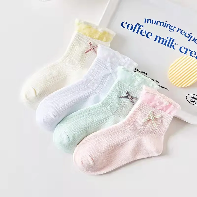 Girl Wood Ears Cotton Socks Stitch Bowknot Princess White Style Summer Thick Student Soft Breathable Children Over 10 Years Old