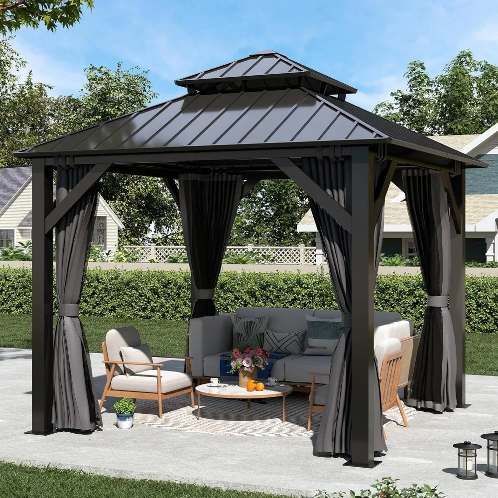 

Hardtop Gazebo,Galvanized Steel Double Roof Gazebo with Nettings and Curtain Outdoor， Frame Vertical Stripes Roof Gazebos