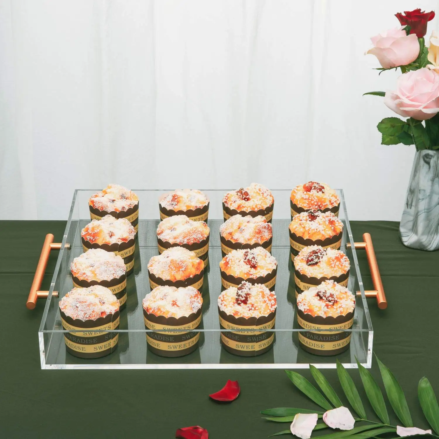 

Custom Rectangle Clear Acrylic Serving Tray With Gold Metal Handle for Hotel Restaurant