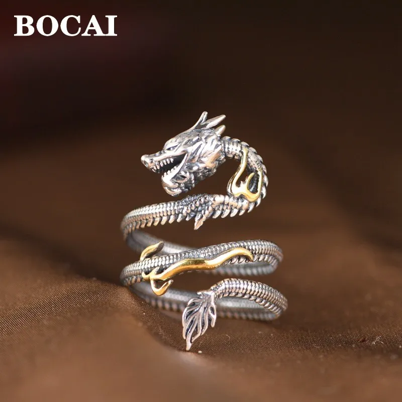 BOCAI New S925 Silver Jewelry Retro Personalized Design Zodiac Dragon Good Luck Ring for Men and Women Fashion Birthday Gift