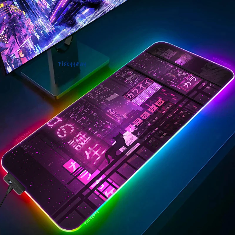 Large RGB Mouse Pad XXL Purple City Neon Mousepad LED Mouse Mat Japan Mousepads Table Pads Keyboard Mats Desk Rug With Backlit
