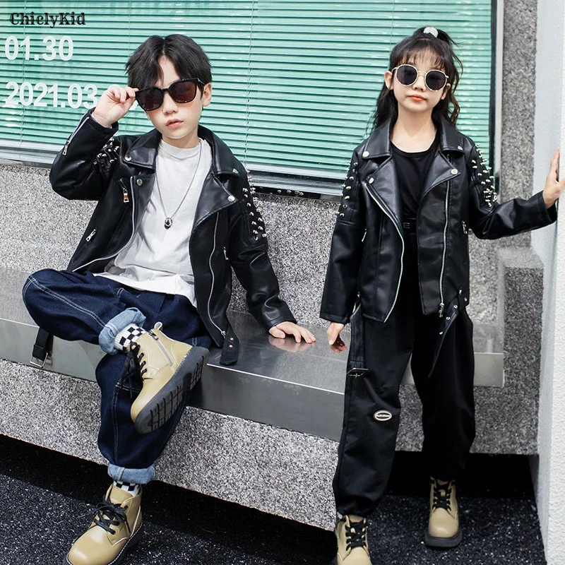 Boys Cool Rivet Zippers Leather Motorcycle Jacket Girls Fashion Locomotive PU Coat Children Outerwear Kids Spring Autumn Clothes