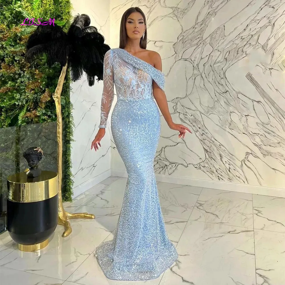 

LISM Sparkly Sequin Beaded Mermaid Prom Dresses Lace Appliques 3D Flowers One Shoulder Evening Party Gowns Eleagnt Formal Dress