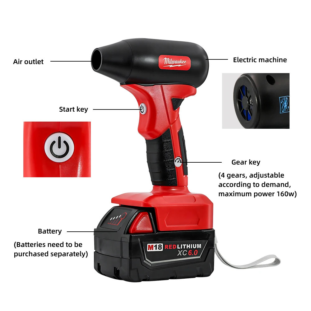 Milwaukee Mini Blower 130000 RPM Hand Portable Violent Turbo Fan High speed 4-speed Adjustable Use Car and Home Cleaning Blower image 6