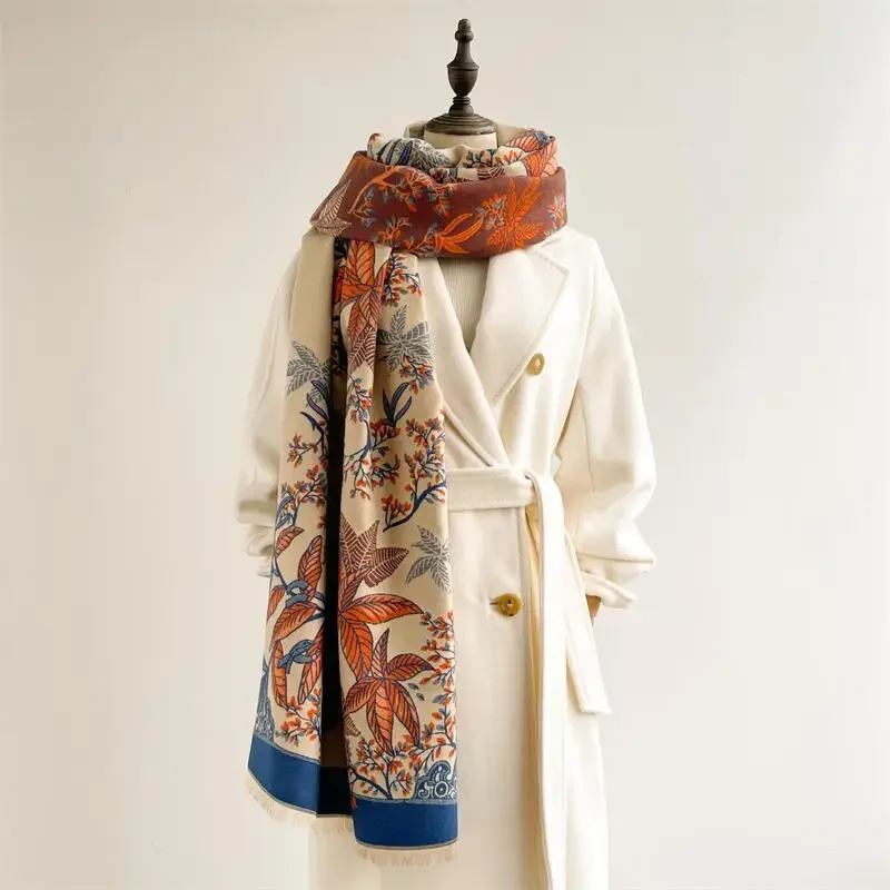 New high-end imitation cashmere scarf women's fashion warm ethnic style leaf scarf autumn and winter versatile shawl