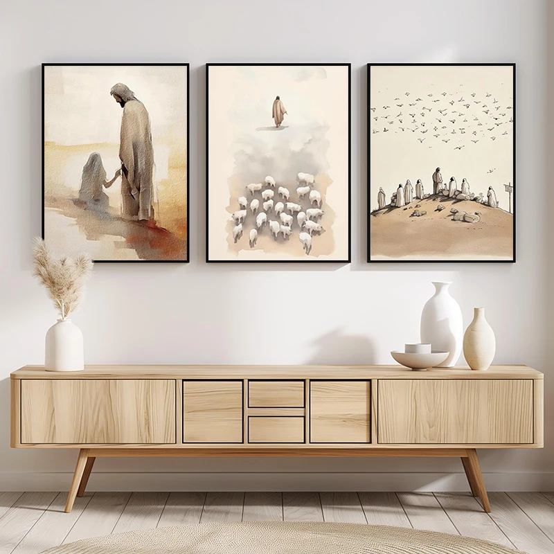 Watercolor Christianity Jesus Sheep Kids Back Shadow Poster Print Canvas Printing Wall Art Picture for Living Room Nursery Decor