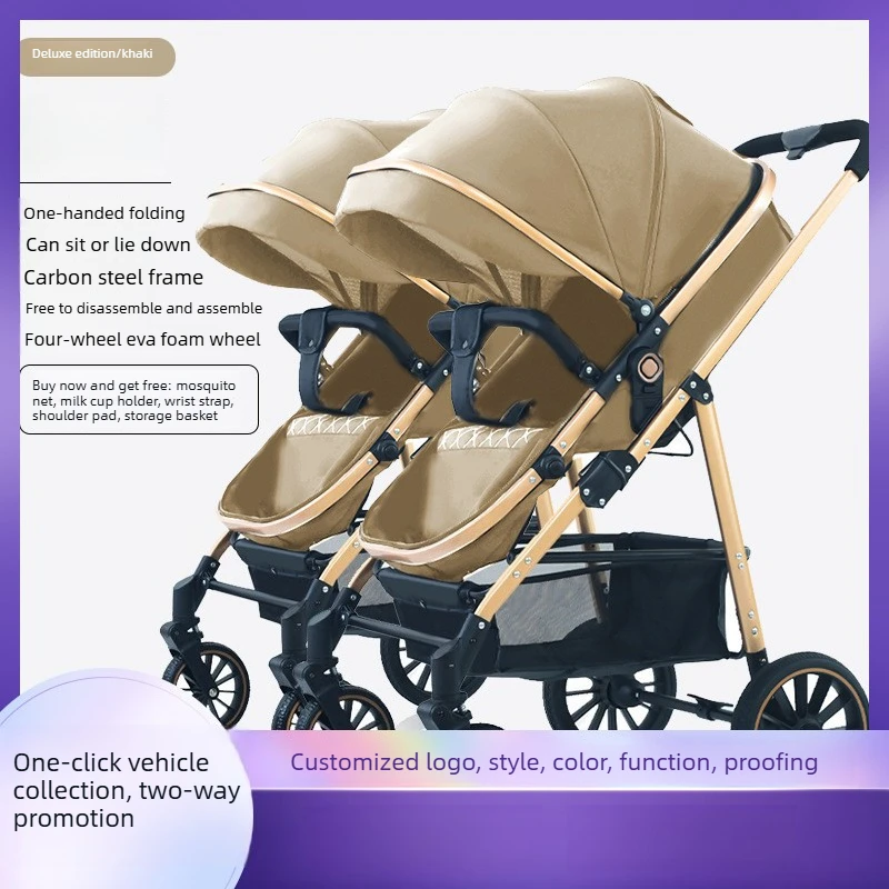 Twin Baby Stroller with Carbon Steel Frame EVA Shock Absorbing Wheels Detachable Seats and One Hand Folding Design