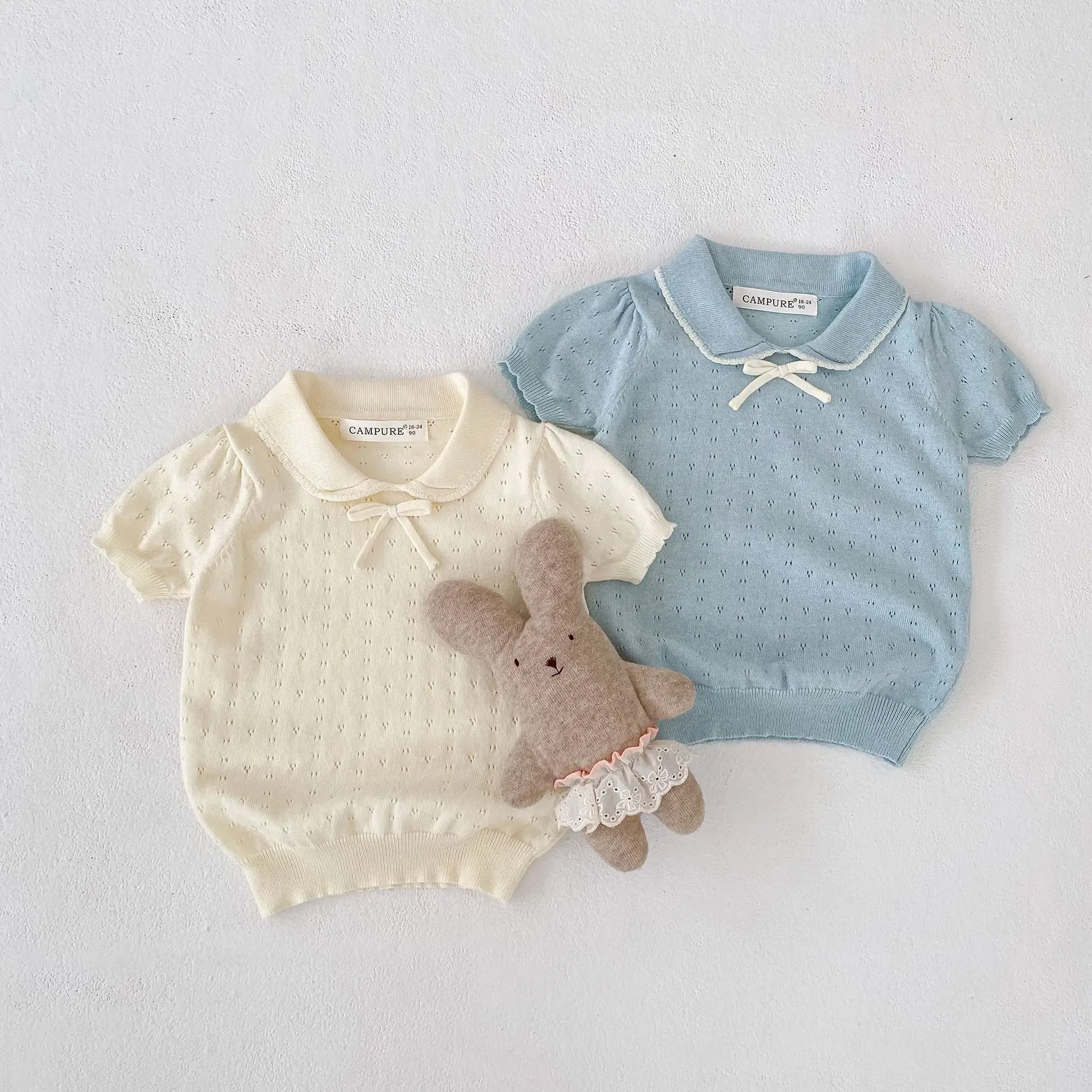 

2026 Summer New Children Short Sleeve Knit Lapel Tops Cute Girls Knitted T Shirts Baby Bow Tee Fashion Kids Loose Sweater