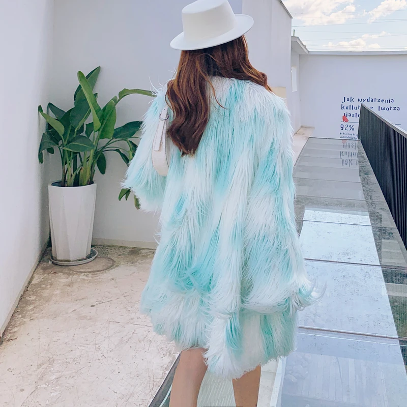 New Fashion Faux Fur Coat White and Green Flowing Long Shaggy Outerwear Women\'s Promotion