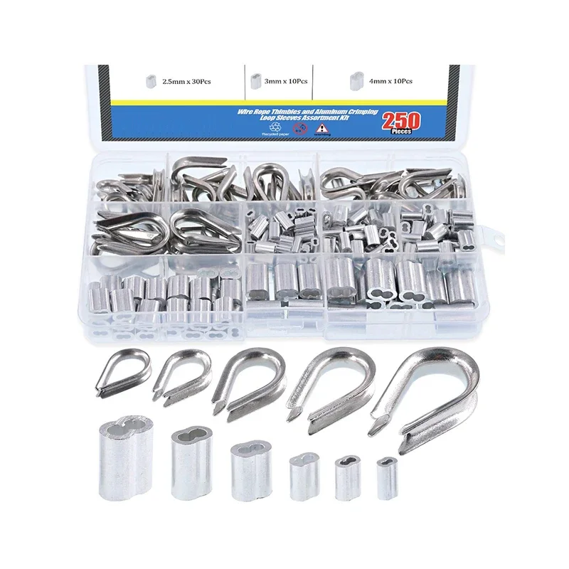 250Pcs 304 Stainless Steel Wire Rope Cable Thimbles and Aluminum Crimping Loop Sleeve Assortment Kit for Wire Rope Rigging