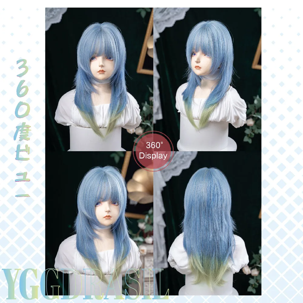 26 بوصة الأزرق والأصفر التدرج حالمة نمط بيروكات صناعية مع الانفجارات شعر طبيعي طويل مستقيم للنساء تأثيري مقاومة للحرارة #6