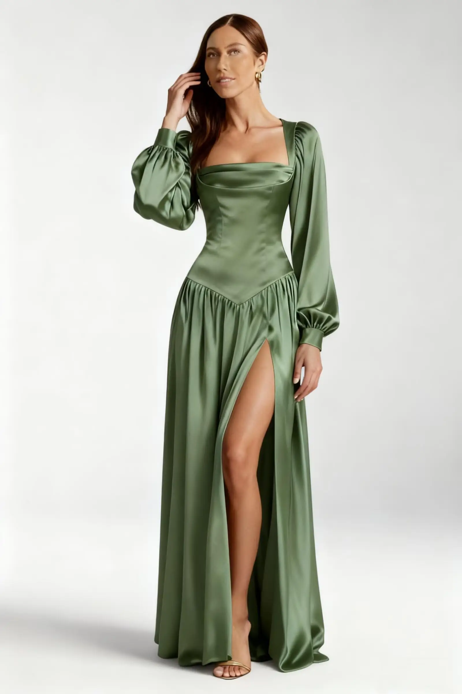 

Satin Long Bridesmaid Dresses with Silt for Wedding Long Sleeve Formal Evening Dress for Women