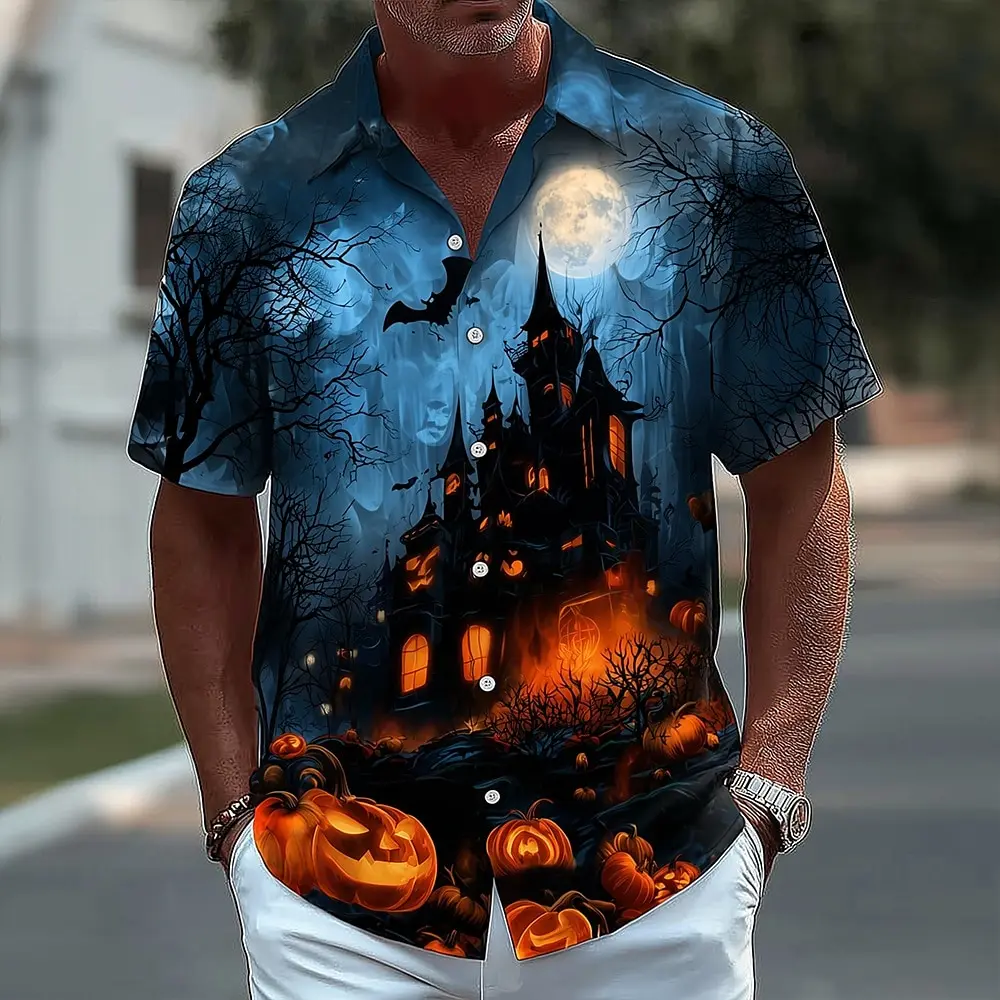 Halloween Herren Halloween Castle Themed Shirt Button Up Shirt Kurzarm Dark Punk Gothic Style Urlaub Streetwear Sommer