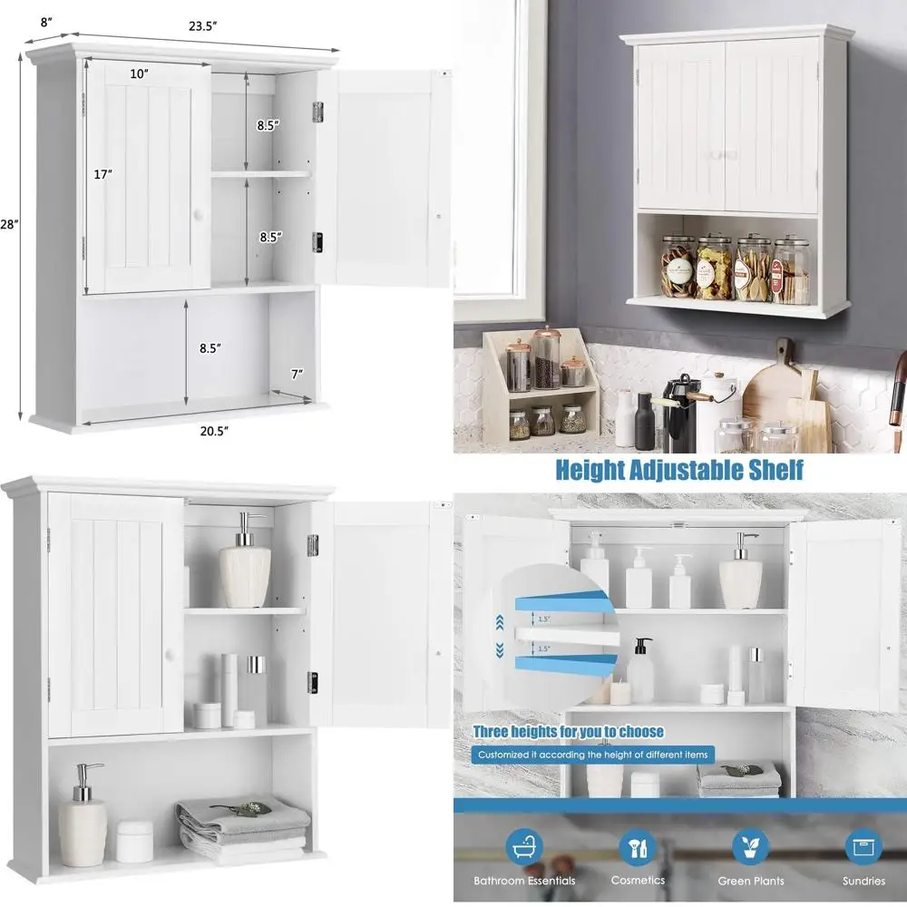 

Белый двухдверный деревянный подвесной шкаф для туалета с регулируемой полкой и большим объемом хранения