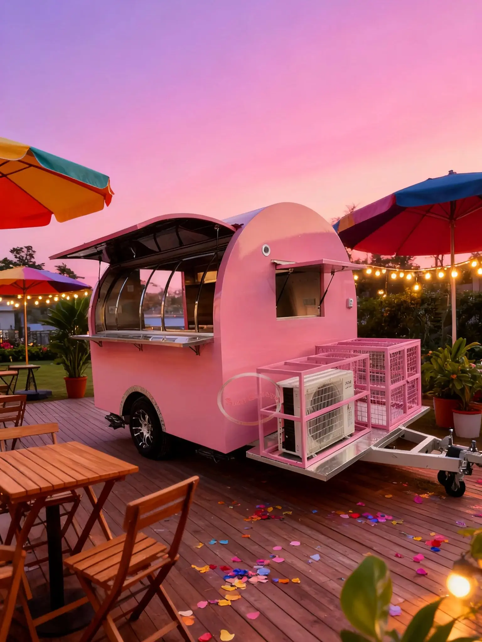 

Outdoor Food Trailer Soft Pink Finish Sleek Rounded Design with Wheels And Towing Mechanism