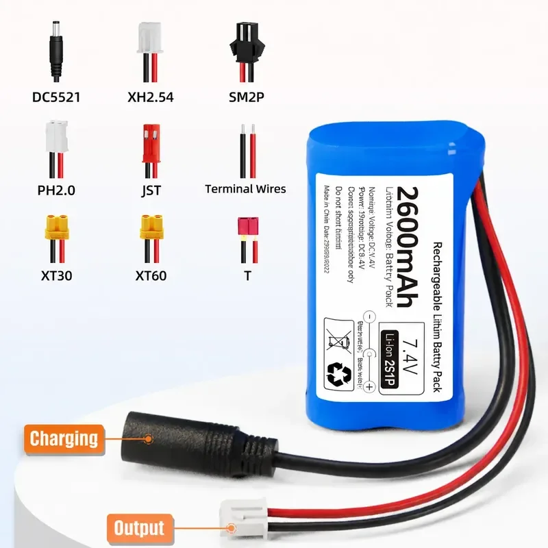 7.4V 18650 Rechargeable Lithium Battery Pack High Capacity for Bait Boat Massage Gun Radio LED Light Strip