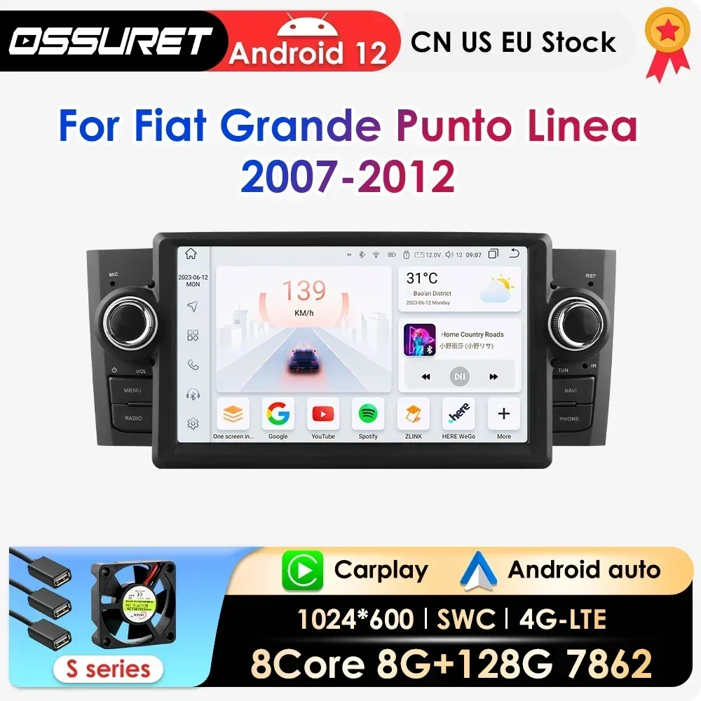 Carplay Android 12 Car Radio For FIAT Grande Punto Linea 2007-2012 Multimedia Video Player Navigation stereo GPS Octa Core 7862