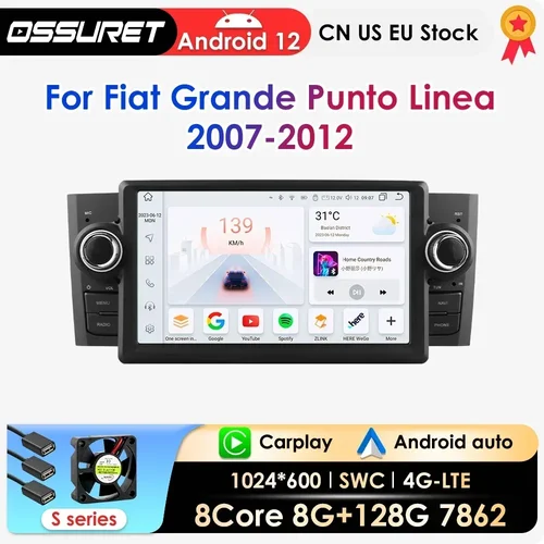 Carplay Android 12 Radio de coche para FIAT Grande Punto Linea 2007-2012 reproductor de vídeo Multimedia navegación estéreo GPS Octa Core 7862