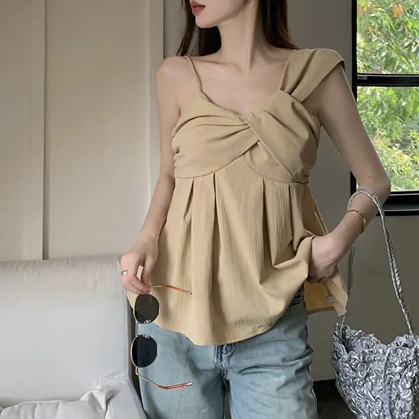 Irregular Off Shoulder Camisole Shirt Temperament Sleeveless Short Top Blusas Mujer Sexy Blouse White Tanks