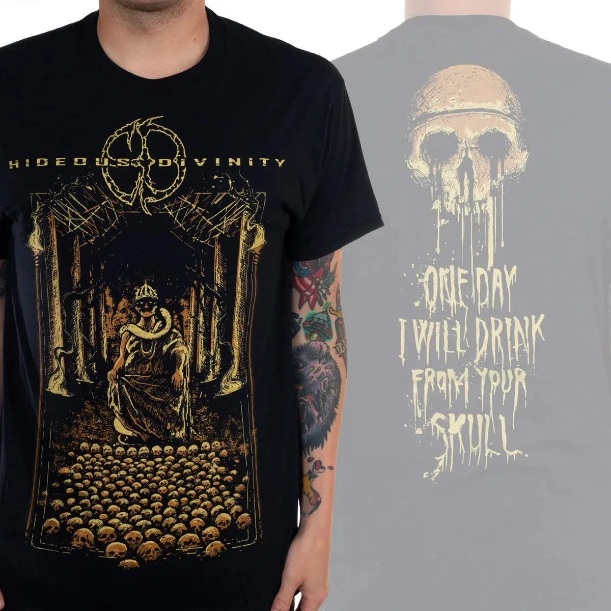 Temple Serpent King Skull Scene Hideous Divinity Print T Shirt, Technical Death Metal Band Fan Collectible Unisex Graphic Tee