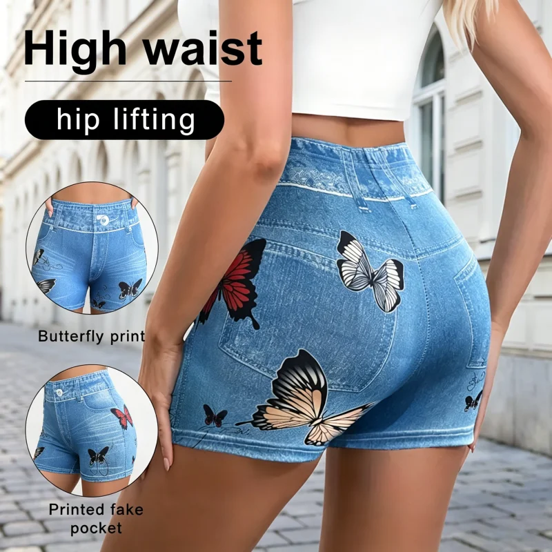 

Summer Women High Waist Booty Lifting Leggings breathable Comfy Faux Denim Butterfly Print Patterns Perfect for Yoga Casual Wear