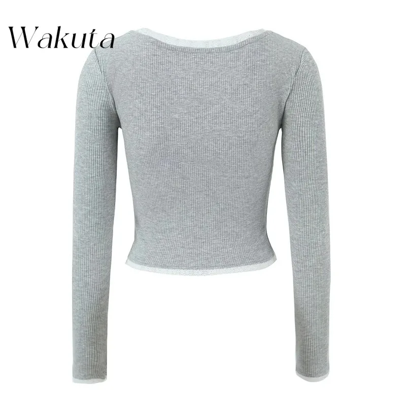 WAKUTA Retro Round Neck Long Sleeved Lace Stitch Knit Sweater Early Autumn Fashion Single Breasted Slim Fit Short Top 여성 반팔 니트