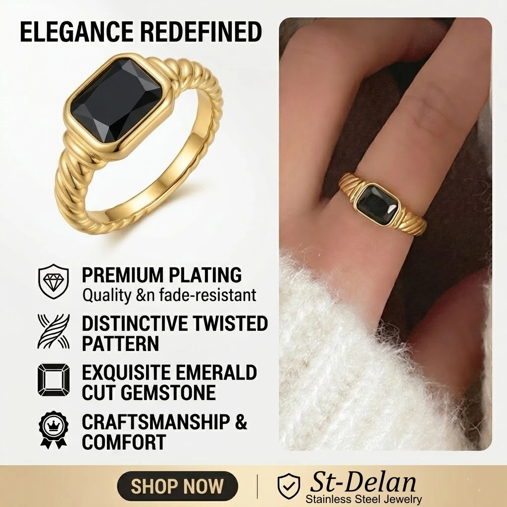 Bague signet en acier inoxydable St-Delan avec onyx noir, bague torsadée vintage pour femme, bijoux minimalistes