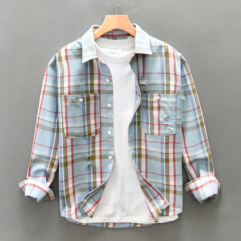 

Long Sleeve Vintage Plaid Shirt for Men 2024 Autumn New Loose Oversize Designer Clothes Men