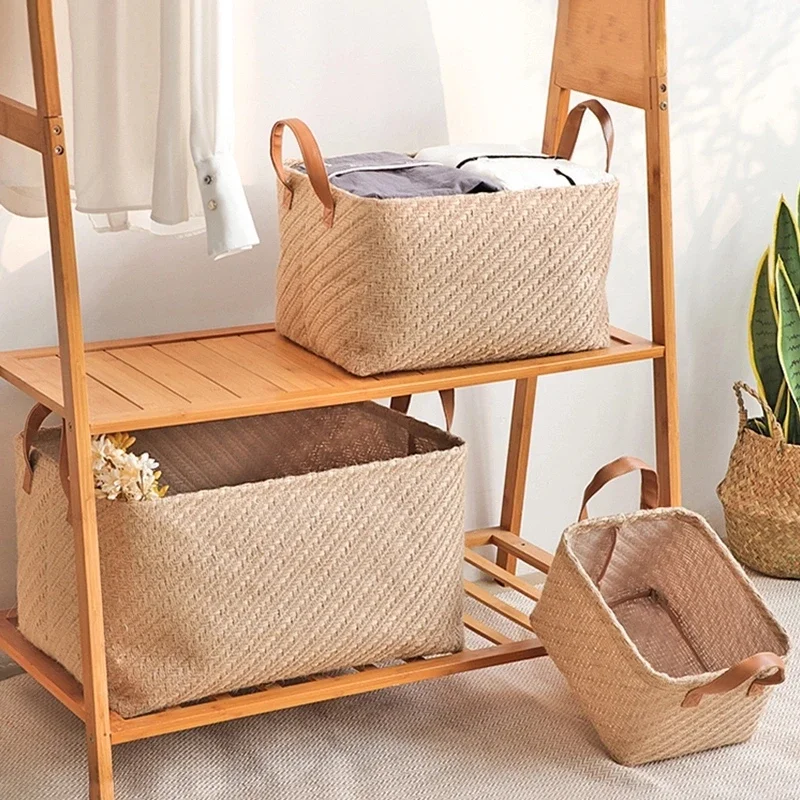 Woven Storage Baskets Laundry Basket Foldable Storage Box with Handle Sundries Closet Clothes Oragnizer Storage Room Accessories