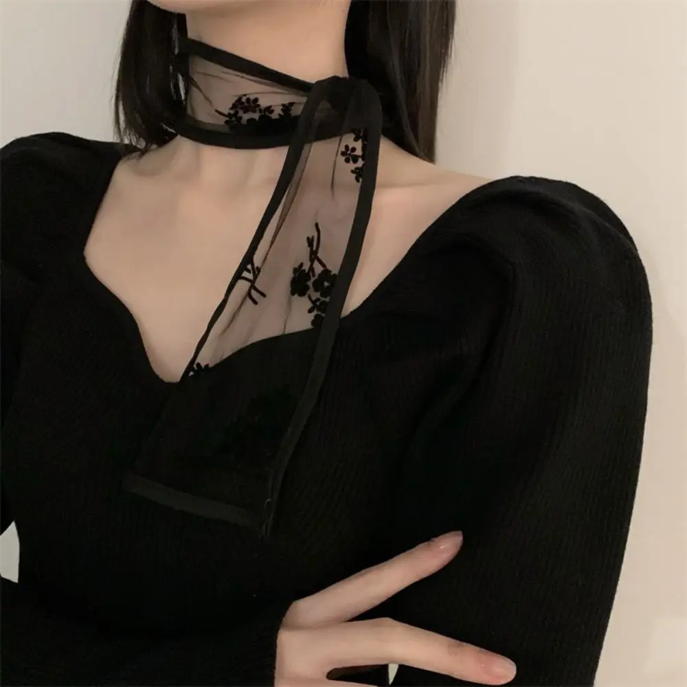 Fashion Y2k Flower Lace Neck Strap Sweet Dressing Decoration Hair Band Neckerchief Transparent Long Ribbon Head Scarf