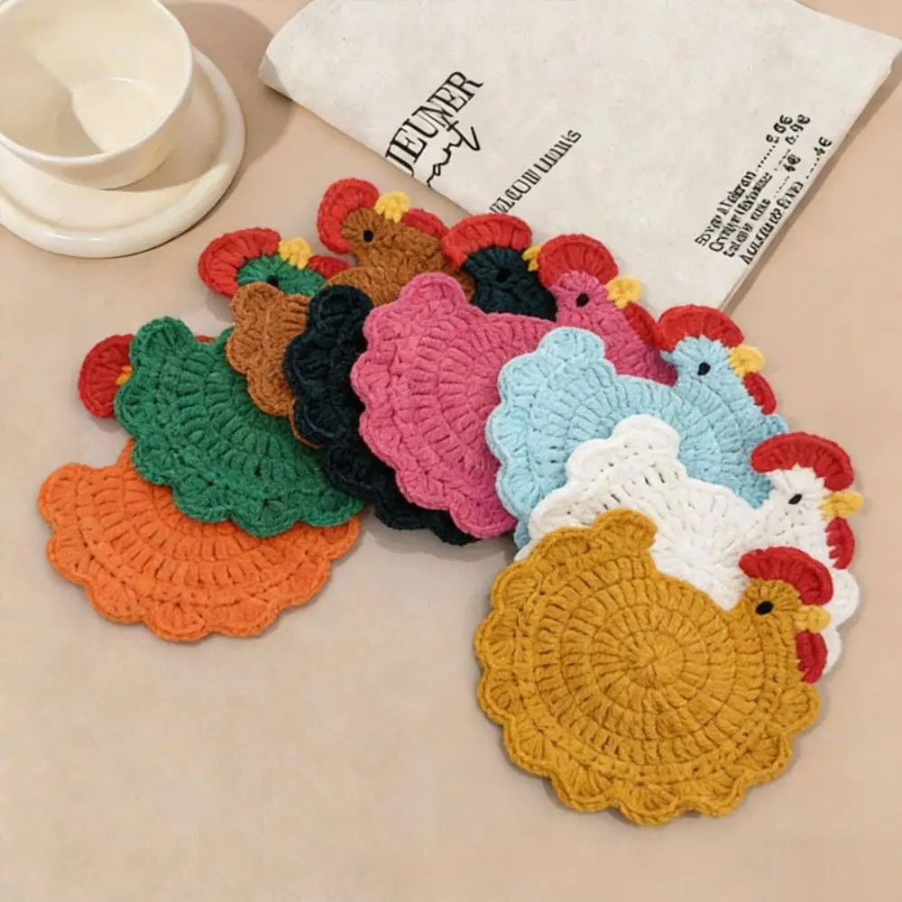 Cute Handmade Crochet Coaster Soft Fabric Cartoon Design Woven Cup Mat Chicken Themed Heat Resistant Drink Cup Pads Office Decor