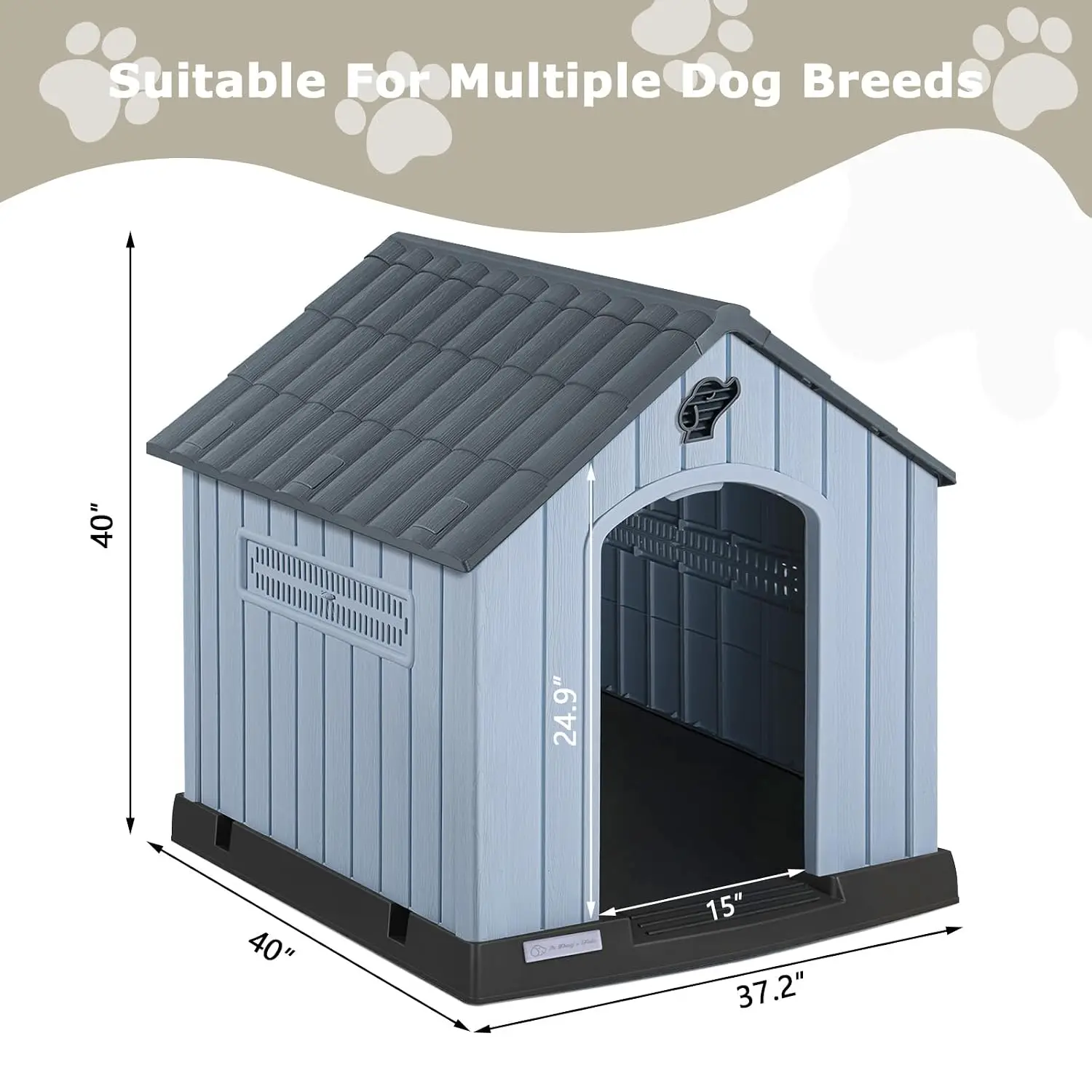 Large Dog House Weatherproof Plastic Shelter with Air Vents & Elevated Floor, Easy Clean Assemble, 37.2