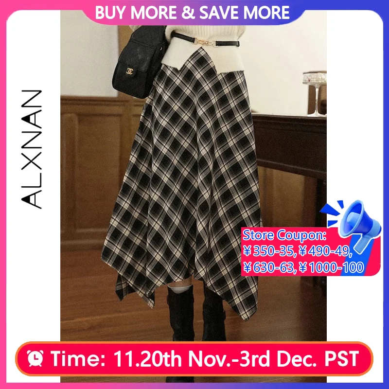 

ALXNAN Black Plaid Irregular Skirt Women Elegant Long A-line Checkered Midi Skirts 2025 Fall Winter Female Clothing L57278-1