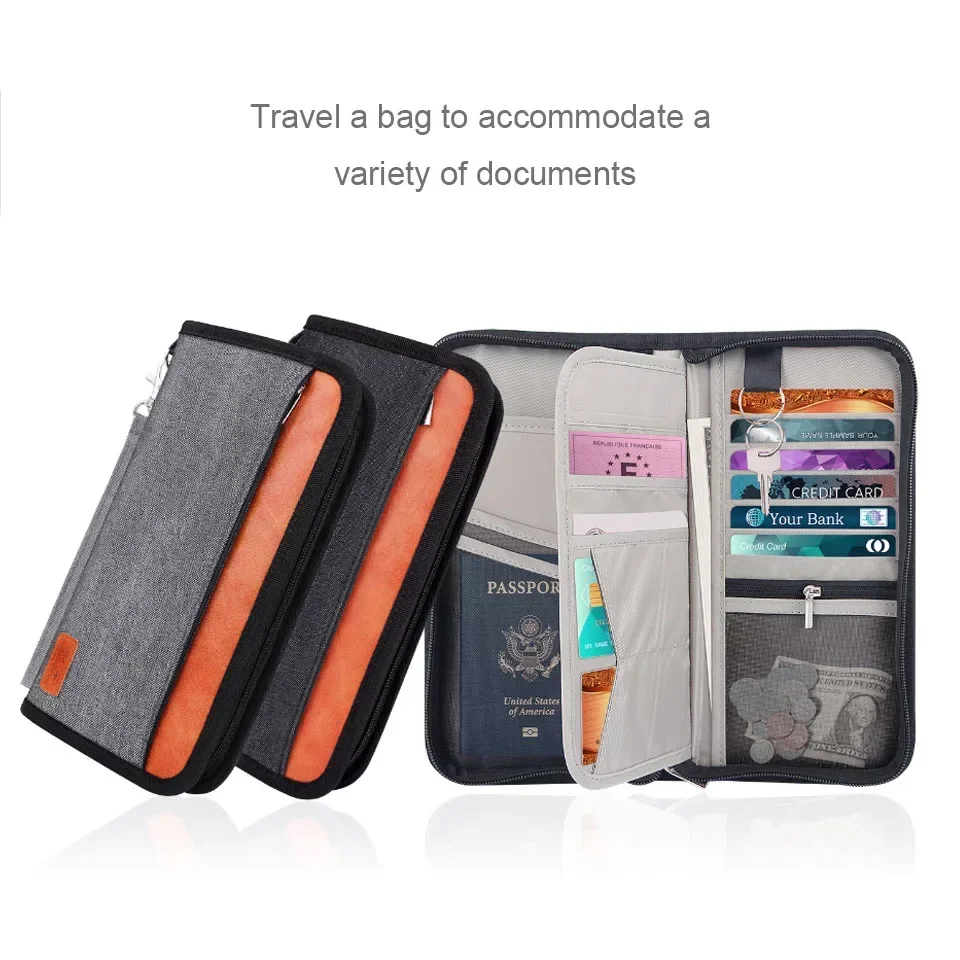 RFID Blocking Passport Holder, Travel Wallet, Ticket, Credit Card Bag, Multifunctional Zipper Wallet with Wrist Strap, Fashion