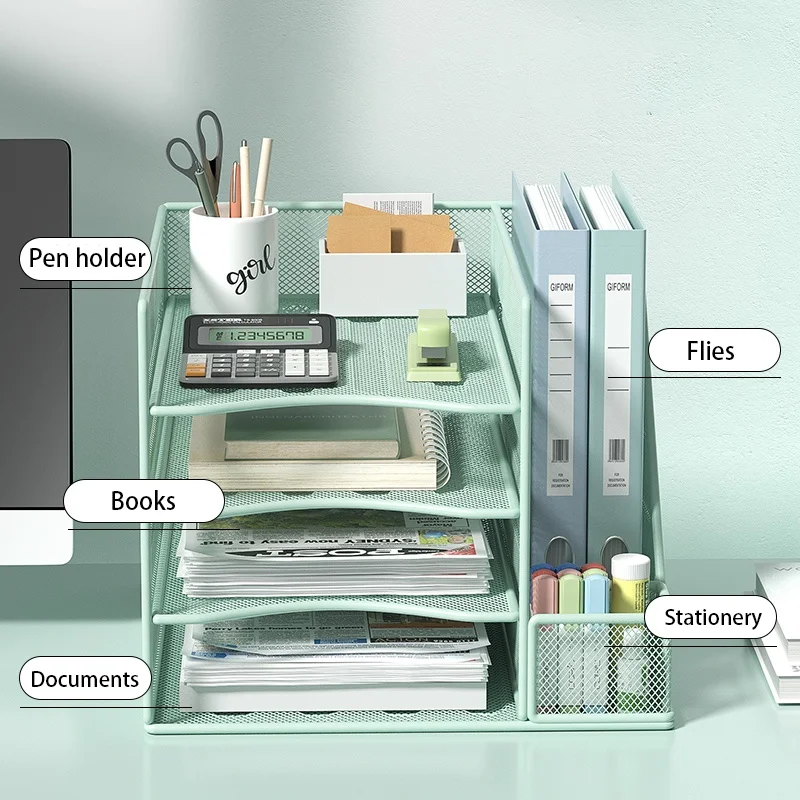 Kantoor Desktop Bestandsrek Metalen Boekenstandaard Multifunctionele Geïntegreerde Opslag Rack Kantoorbenodigdheden Map Opbergdoos Multi-Layer