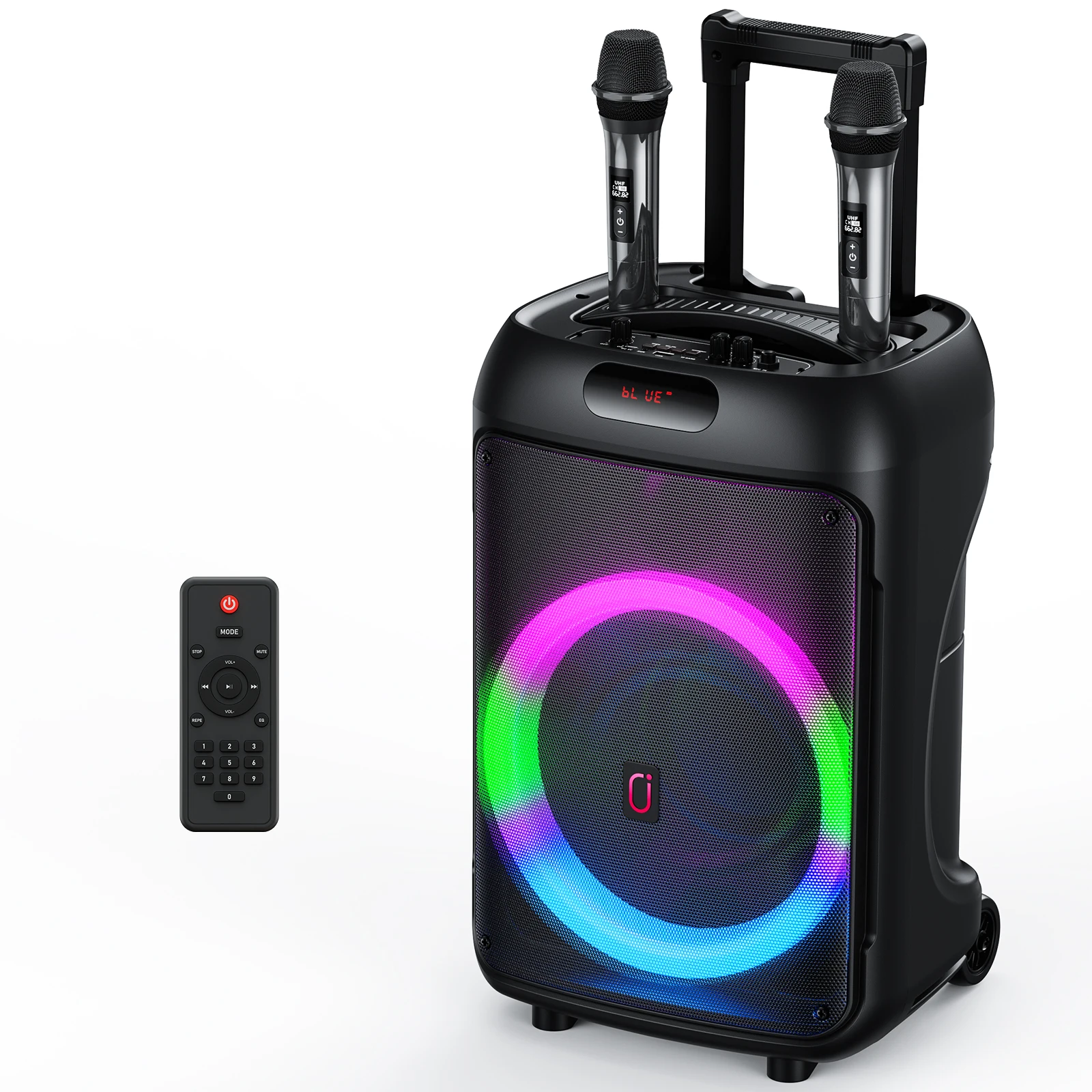 Karaoke-Maschine mit 2 Kabellosen Mikrofonen, Großer Tragbarer Bluetooth-Lautsprecher für Erwachsene mit RGB-Licht PA-System Höhen- & Bassregelung