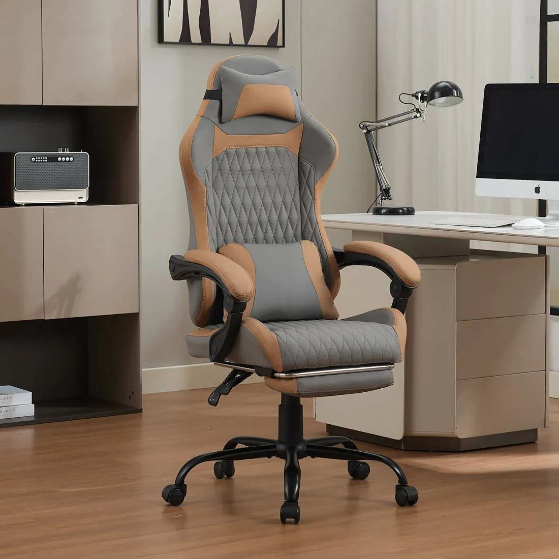 Silla ergonómica para juegos con soporte lumbar, reposacabezas y reposapiés – Sin fatiga para estar sentado por largos períodos, ideal para el hogar, la oficina o transmisiones en vivo – Respaldo alto, altura ajustable y reclinable – Tela transpirable, estructura robusta – Fácil montaje