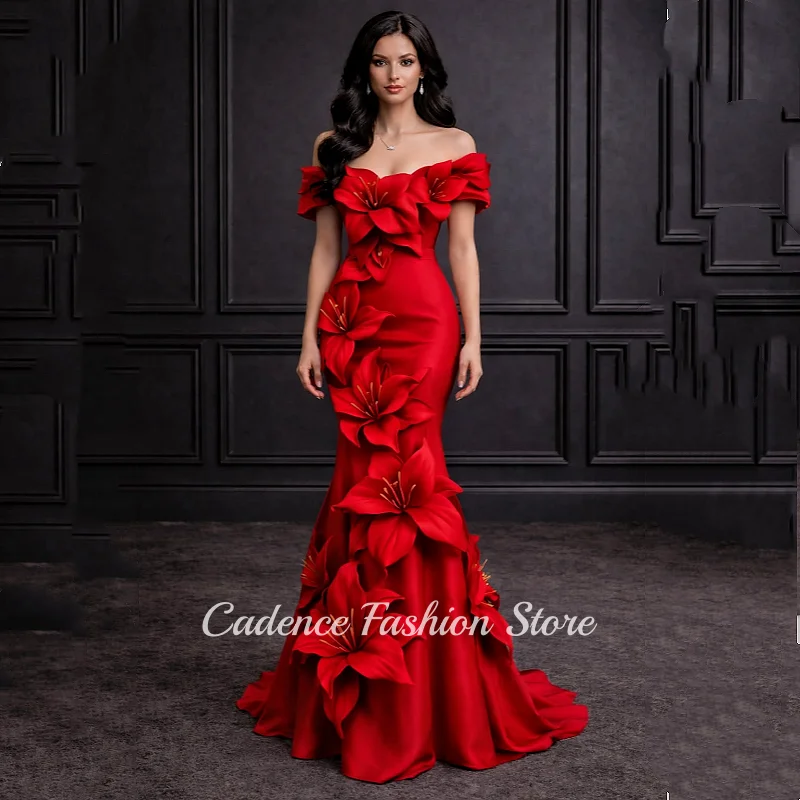 Customized Elegant Floral Ball Gown Red Off-the-Shoulder 3D Embroidered Mermaid Pleats Train Evening Dresses