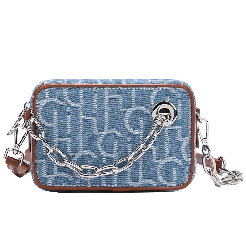 Original niche designer men's bag light luxury presbytery box bag Denim chain Crossbody bag small square camera bag fashion