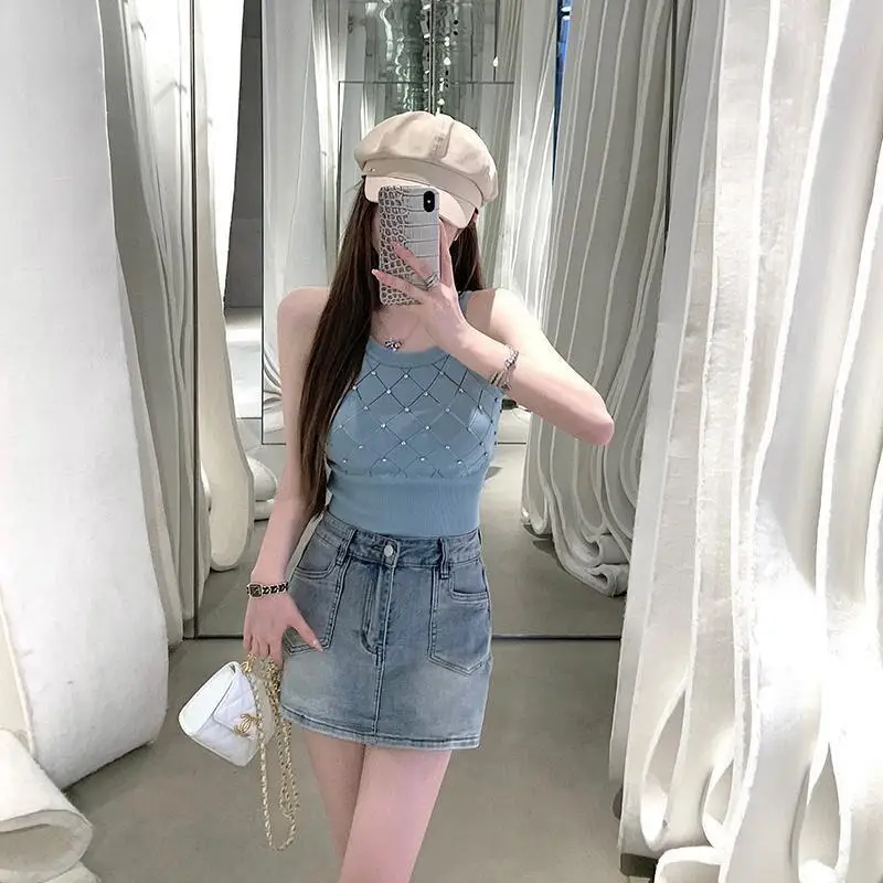 Pure Desire Style Diamond Embedded Knitted Sweater Women's Cross-Border Spring Summer Slimming Sexy Hot Girl Sexy Strap Vest